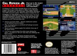 Box back cover for Cal Ripken Jr. Baseball on the Nintendo SNES.