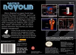 Box back cover for Captain Novolin on the Nintendo SNES.