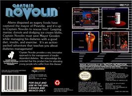 Box back cover for Captain Novolin on the Nintendo SNES.