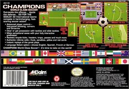 Box back cover for Champions World Class Soccer on the Nintendo SNES.