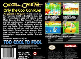 Box back cover for Chester Cheetah: Too Cool to Fool on the Nintendo SNES.