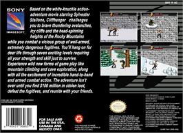 Box back cover for Cliffhanger on the Nintendo SNES.