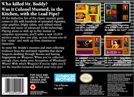 Box back cover for Clue on the Nintendo SNES.