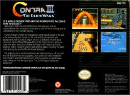 Box back cover for Contra III: The Alien Wars on the Nintendo SNES.