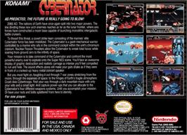 Box back cover for Cybernator on the Nintendo SNES.