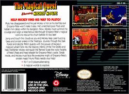 Box back cover for Disney's Magical Quest Starring Mickey Mouse on the Nintendo SNES.