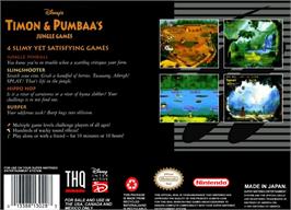 Box back cover for Disney's Timon & Pumbaa's Jungle Games on the Nintendo SNES.