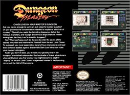 Box back cover for Dungeon Master on the Nintendo SNES.