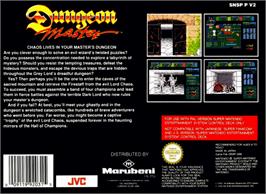Box back cover for Dungeon Master on the Nintendo SNES.