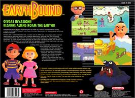 Box back cover for EarthBound on the Nintendo SNES.