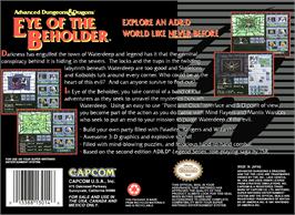Box back cover for Eye Of The Beholder on the Nintendo SNES.