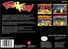 Box back cover for Fatal Fury on the Nintendo SNES.
