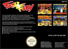 Box back cover for Fatal Fury on the Nintendo SNES.