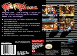 Box back cover for Fatal Fury Special on the Nintendo SNES.