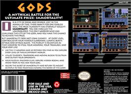 Box back cover for Gods on the Nintendo SNES.