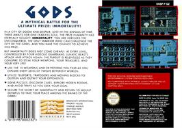 Box back cover for Gods on the Nintendo SNES.