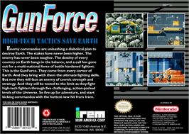 Box back cover for Gunforce - Battle Fire Engulfed Terror Island on the Nintendo SNES.
