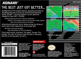 Box back cover for International Superstar Soccer Deluxe on the Nintendo SNES.