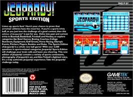 Box back cover for Jeopardy! Sports Edition on the Nintendo SNES.