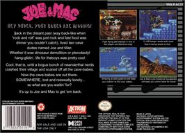 Box back cover for Joe & Mac: Caveman Ninja on the Nintendo SNES.