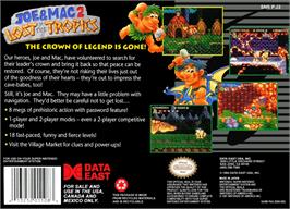 Box back cover for Joe & Mac 2: Lost in the Tropics on the Nintendo SNES.