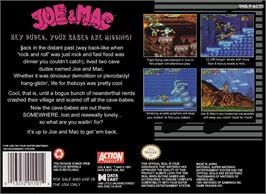 Box back cover for Joe And Mac - Caveman Ninja on the Nintendo SNES.