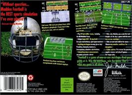 Box back cover for John Madden Football on the Nintendo SNES.