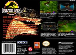 Box back cover for Jurassic Park on the Nintendo SNES.