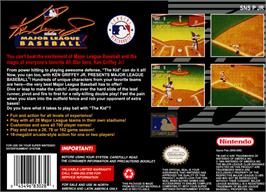Box back cover for Ken Griffey Jr Presents Major League Baseball on the Nintendo SNES.