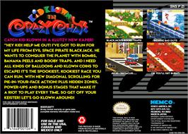 Box back cover for Kid Klown in Crazy Chase on the Nintendo SNES.