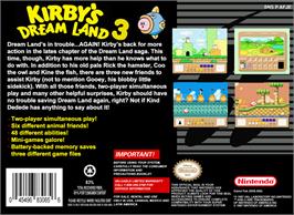 Box back cover for Kirby's DreamLand 3 on the Nintendo SNES.