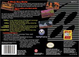 Box back cover for Lemmings 2 - The Tribes on the Nintendo SNES.