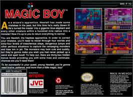 Box back cover for Magic Boy on the Nintendo SNES.