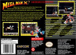 Box back cover for Mega Man X3 on the Nintendo SNES.