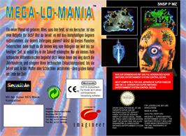 Box back cover for Megalomania on the Nintendo SNES.