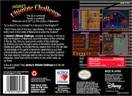 Box back cover for Mickey's Ultimate Challenge on the Nintendo SNES.