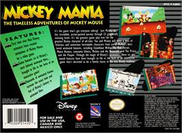 Box back cover for Mickey Mania - The Timeless Adventures Of Mickey Mouse on the Nintendo SNES.