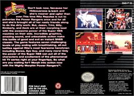 Box back cover for Mighty Morphin Power Rangers: The Fighting Edition on the Nintendo SNES.