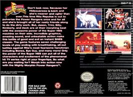 Box back cover for Mighty Morphin Power Rangers on the Nintendo SNES.