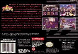 Box back cover for Mighty Morphin Power Rangers - The Fighting Edition on the Nintendo SNES.