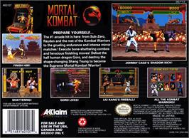 Box back cover for Mortal Kombat on the Nintendo SNES.