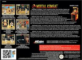 Box back cover for Mortal Kombat on the Nintendo SNES.