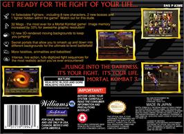 Box back cover for Mortal Kombat 3 on the Nintendo SNES.