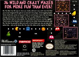 Box back cover for Ms. Pac-Man on the Nintendo SNES.