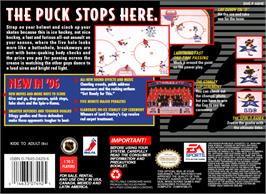 Box back cover for NHL '96 on the Nintendo SNES.
