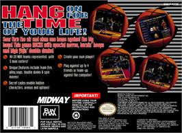 Box back cover for Nba Hangtime on the Nintendo SNES.