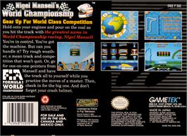 Box back cover for Nigel Mansell's World Championship on the Nintendo SNES.