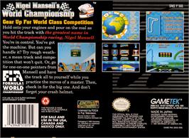Box back cover for Nigel Mansell's World Championship Racing on the Nintendo SNES.