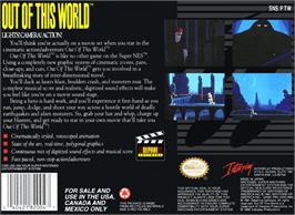 Box back cover for Out of This World on the Nintendo SNES.