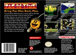 Box back cover for Pac-in-Time on the Nintendo SNES.